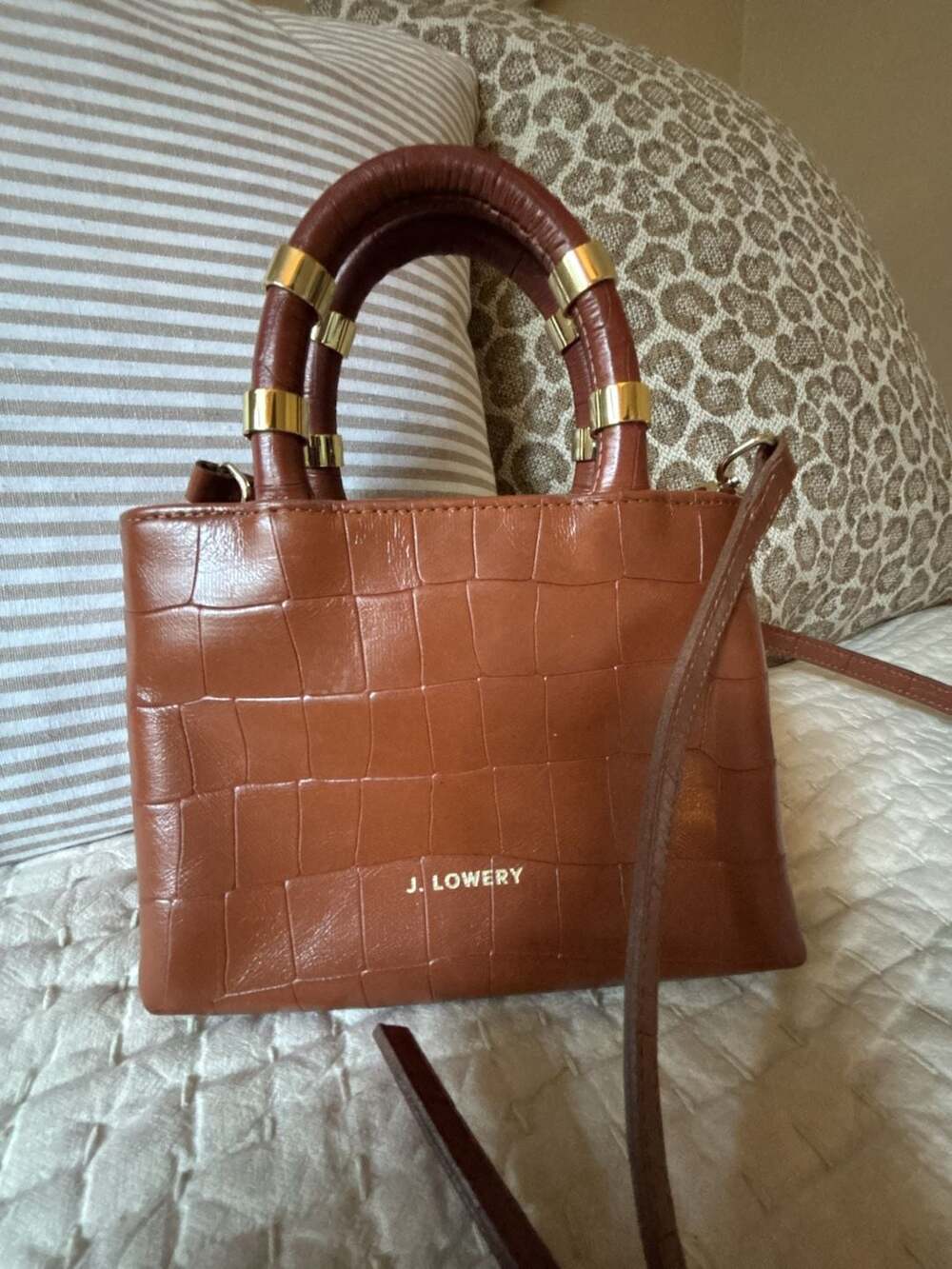 J. Lowery Mini Max Cognac Croc Embossed Leather Crossbody Bag